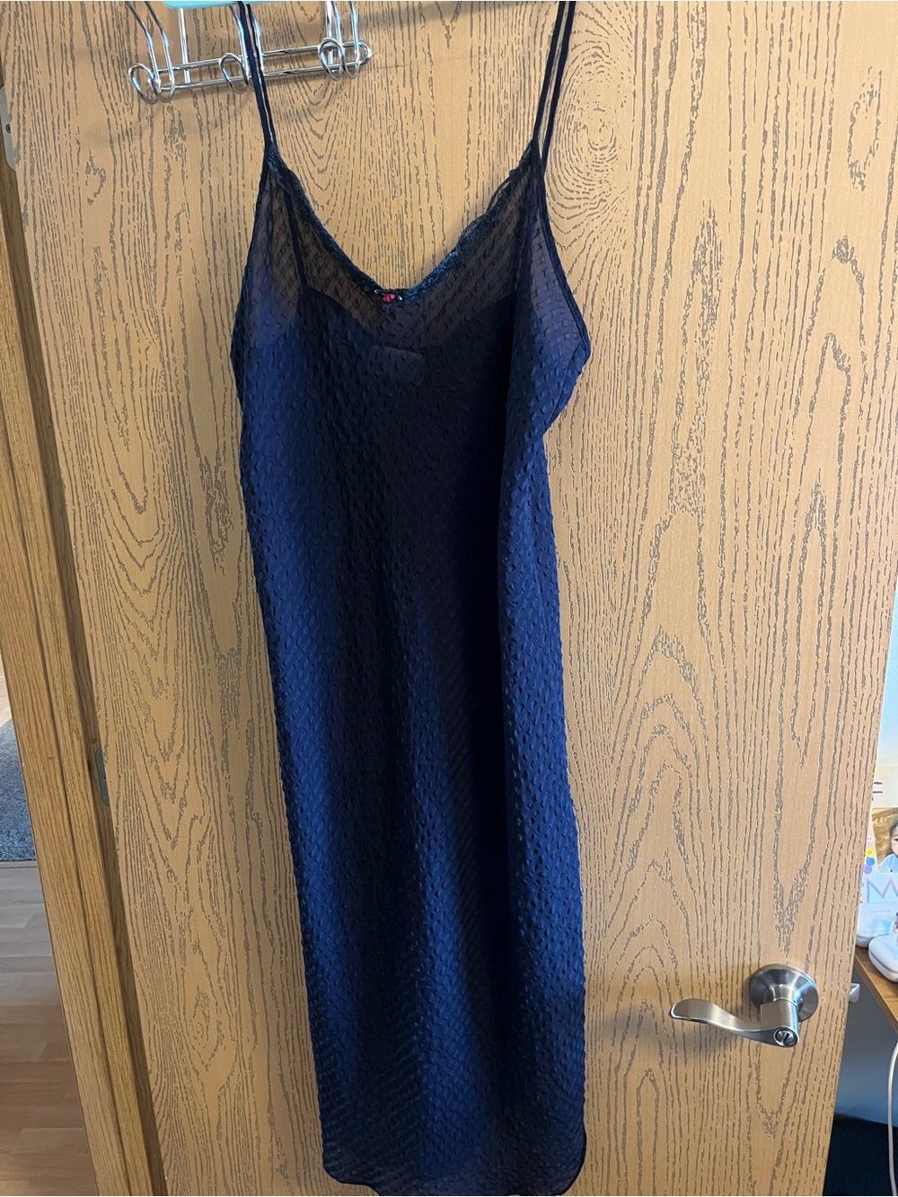 Navy Lace-Trim Slip Chemise with Spaghetti Straps